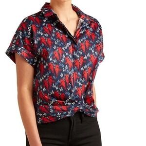 Ariat Brookside Western Horse Print Shirt Short Sleeve Button Down Navy Red Med